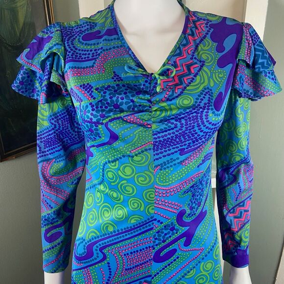 Vintage 70s Gay Gibson Psychedelic Ruffle Flutter Sleeve Maxi Dress Abstract S/M - Picture 3 of 15